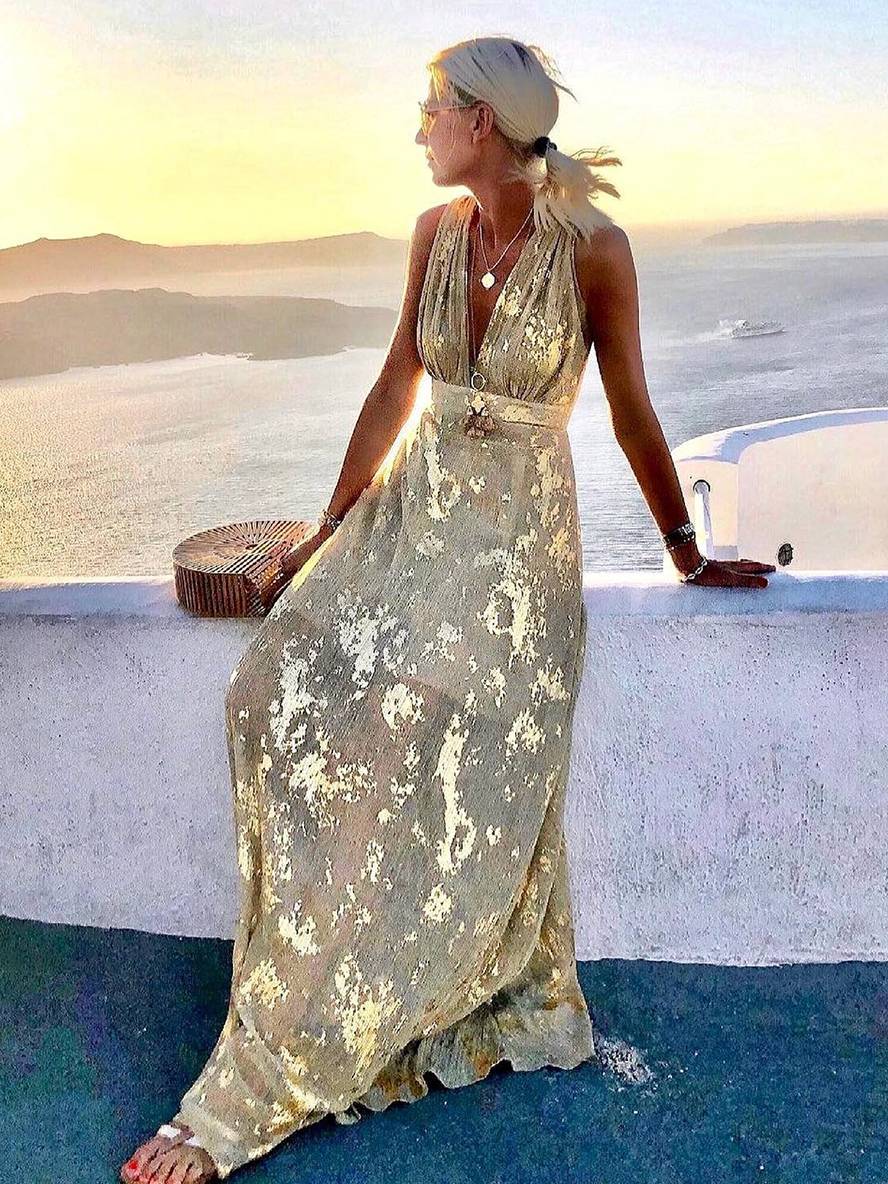 Lune London Bronze Glossy Sequins V-Neck Sleeveless Long Elegant Evening Dress