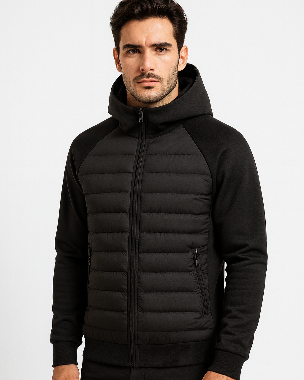 Men colour block puffer jacket hooded hybrid softshell lightweight