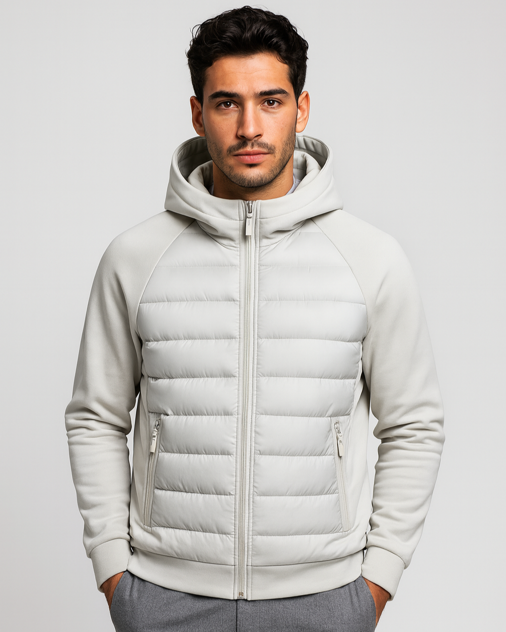 Men colour block puffer jacket hooded hybrid softshell lightweight