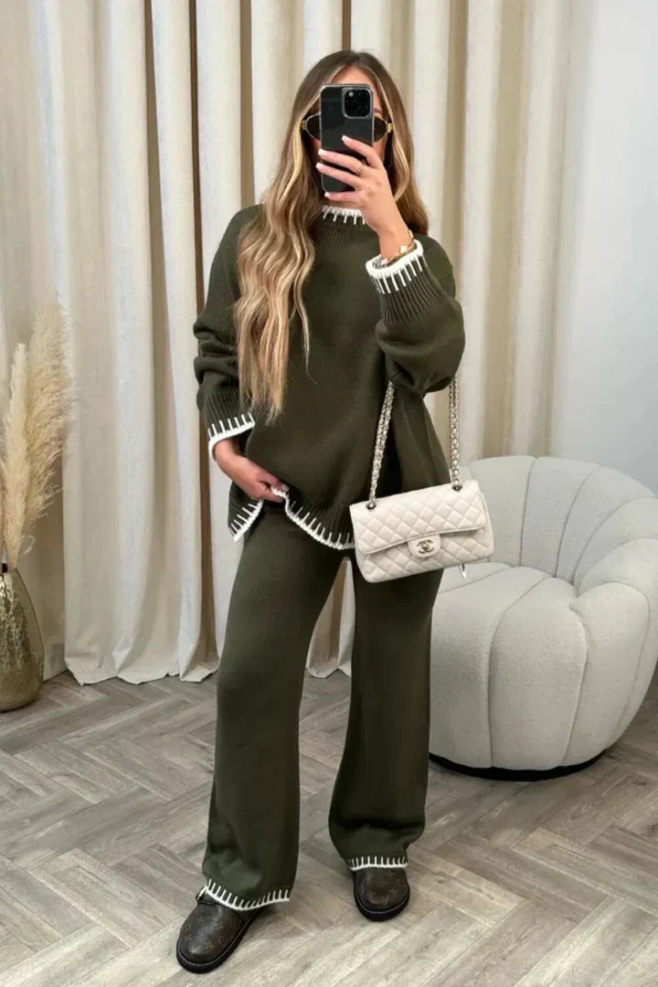 Women 2 Piece Knit Lounge Set with stitched detail relaxed fit