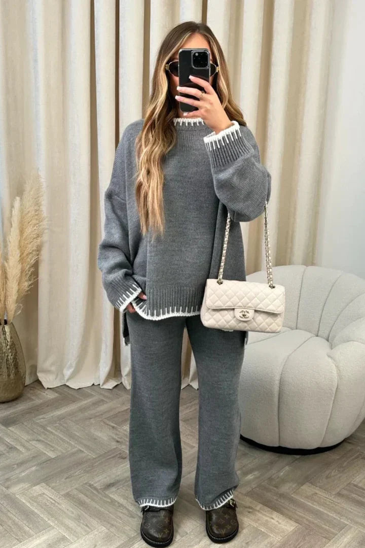 Women 2 Piece Knit Lounge Set with stitched detail relaxed fit