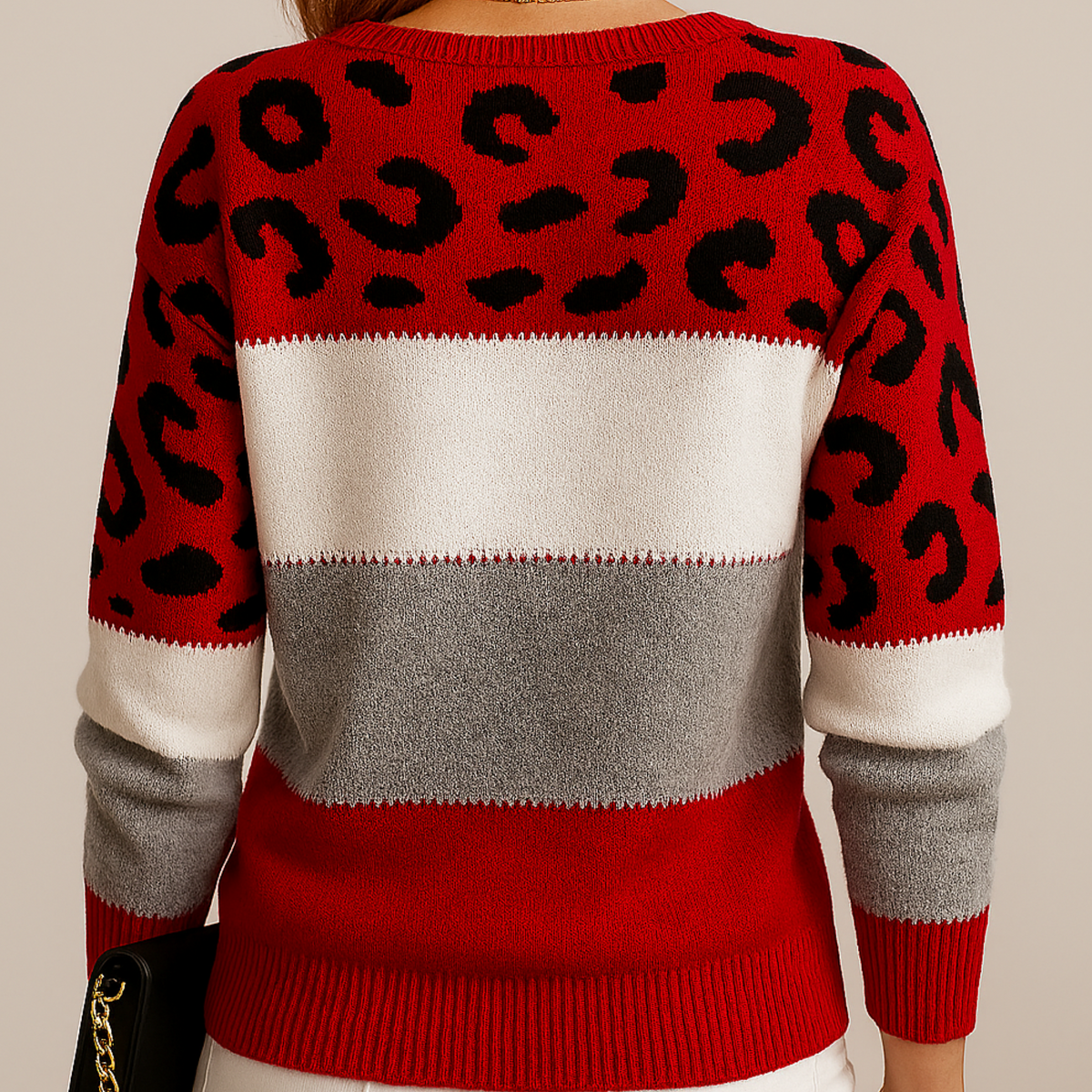 Women color block leopard print knit sweater relaxed fit