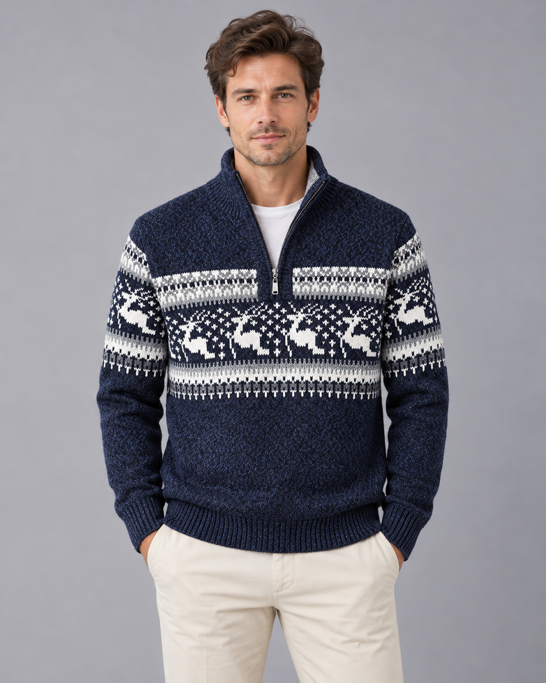 Mens Christmas jumper quarter zip with Fair Isle reindeer pattern, wool blend