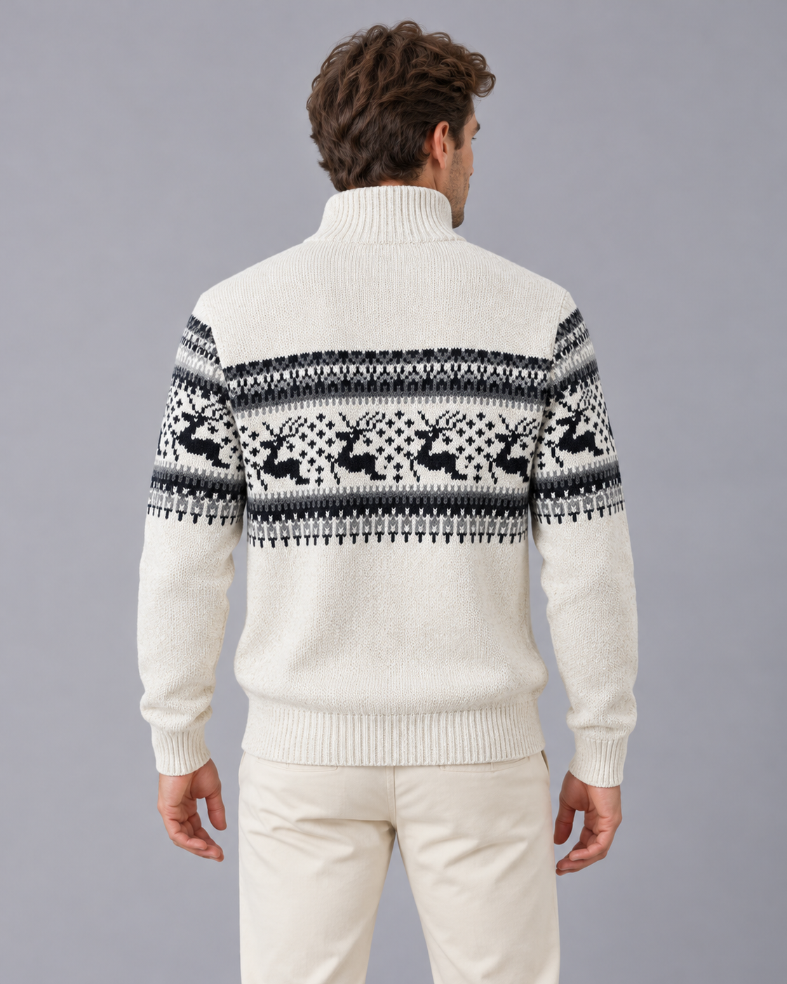 Mens Christmas jumper quarter zip with Fair Isle reindeer pattern, wool blend