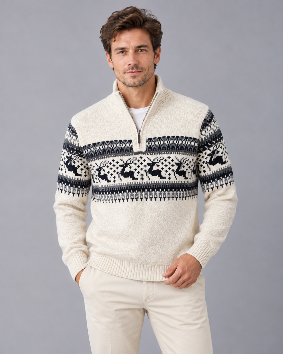 Mens Christmas jumper quarter zip with Fair Isle reindeer pattern, wool blend