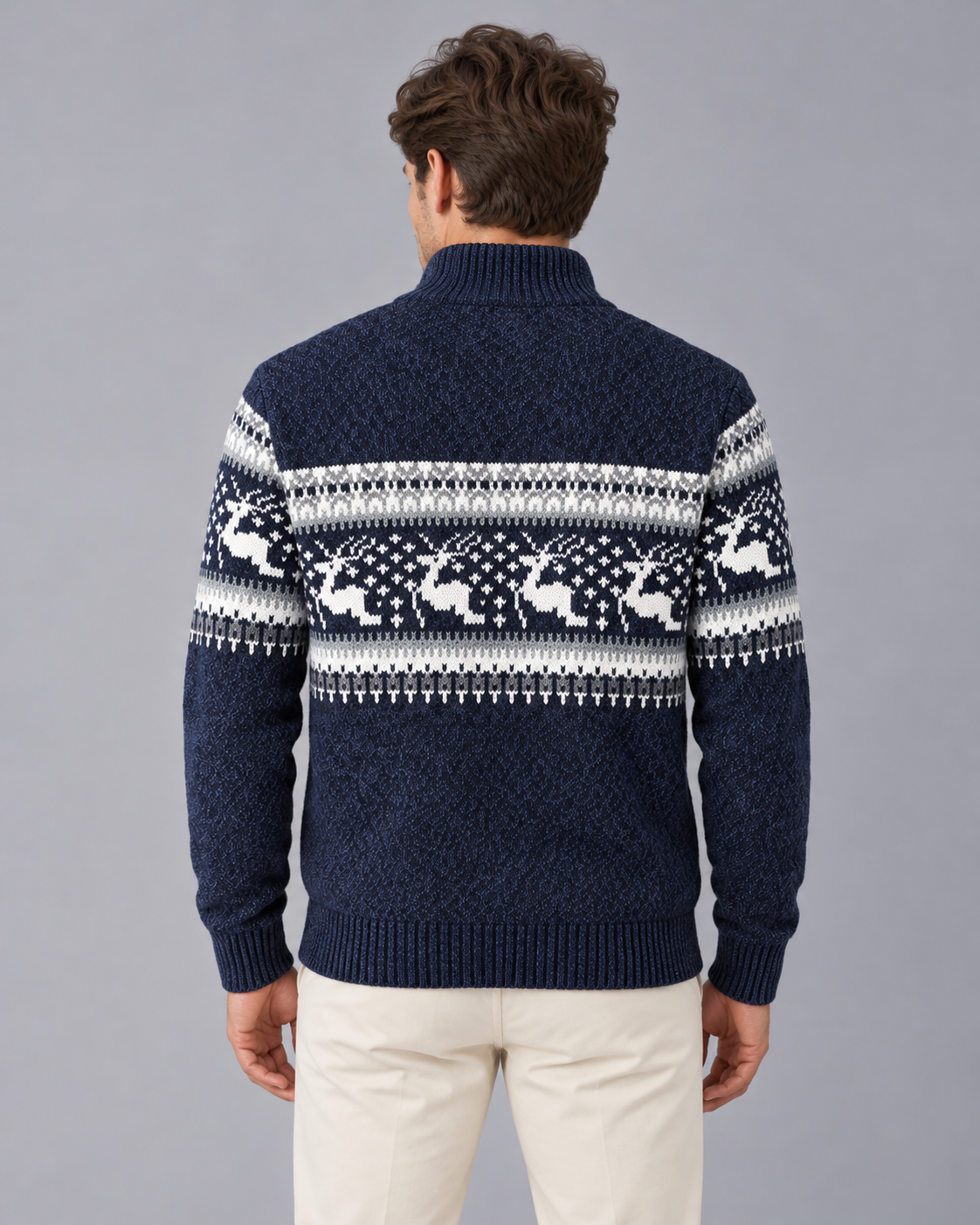 Mens Christmas jumper quarter zip with Fair Isle reindeer pattern, wool blend