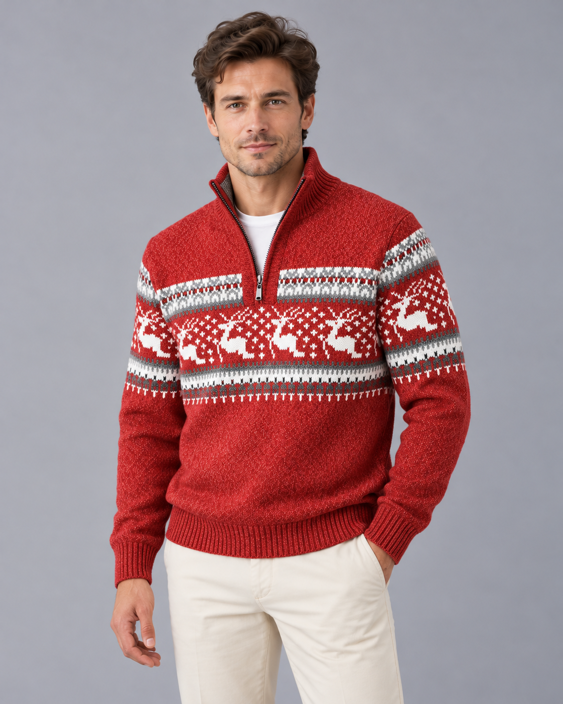 Mens Christmas jumper quarter zip with Fair Isle reindeer pattern, wool blend