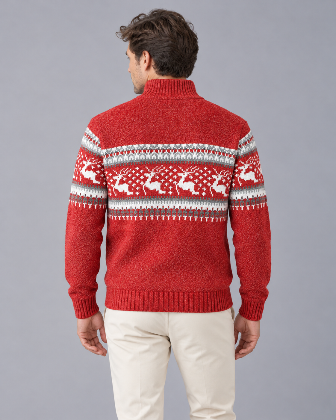 Mens Christmas jumper quarter zip with Fair Isle reindeer pattern, wool blend