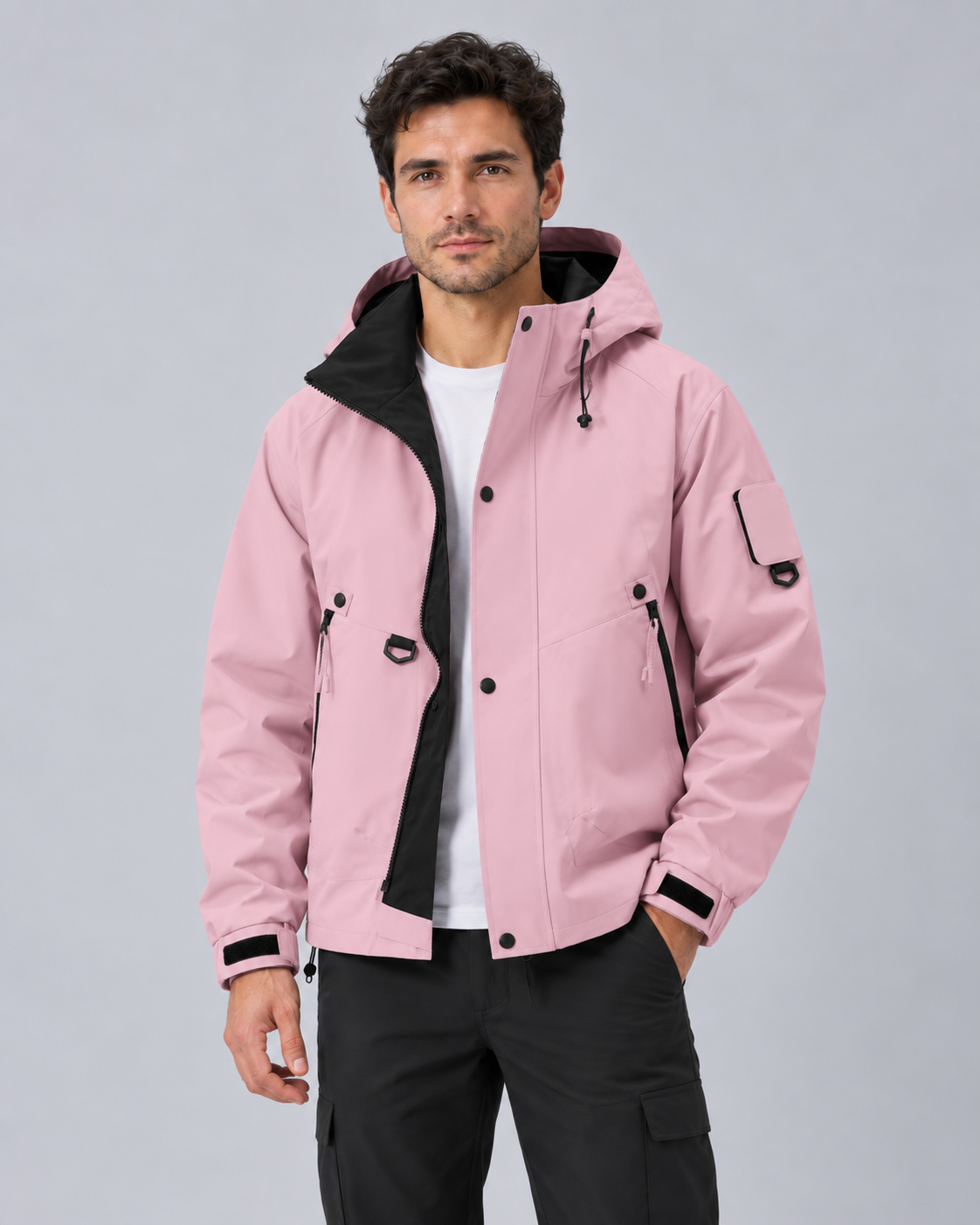 Mens waterproof rain jacket with hood, lightweight windproof