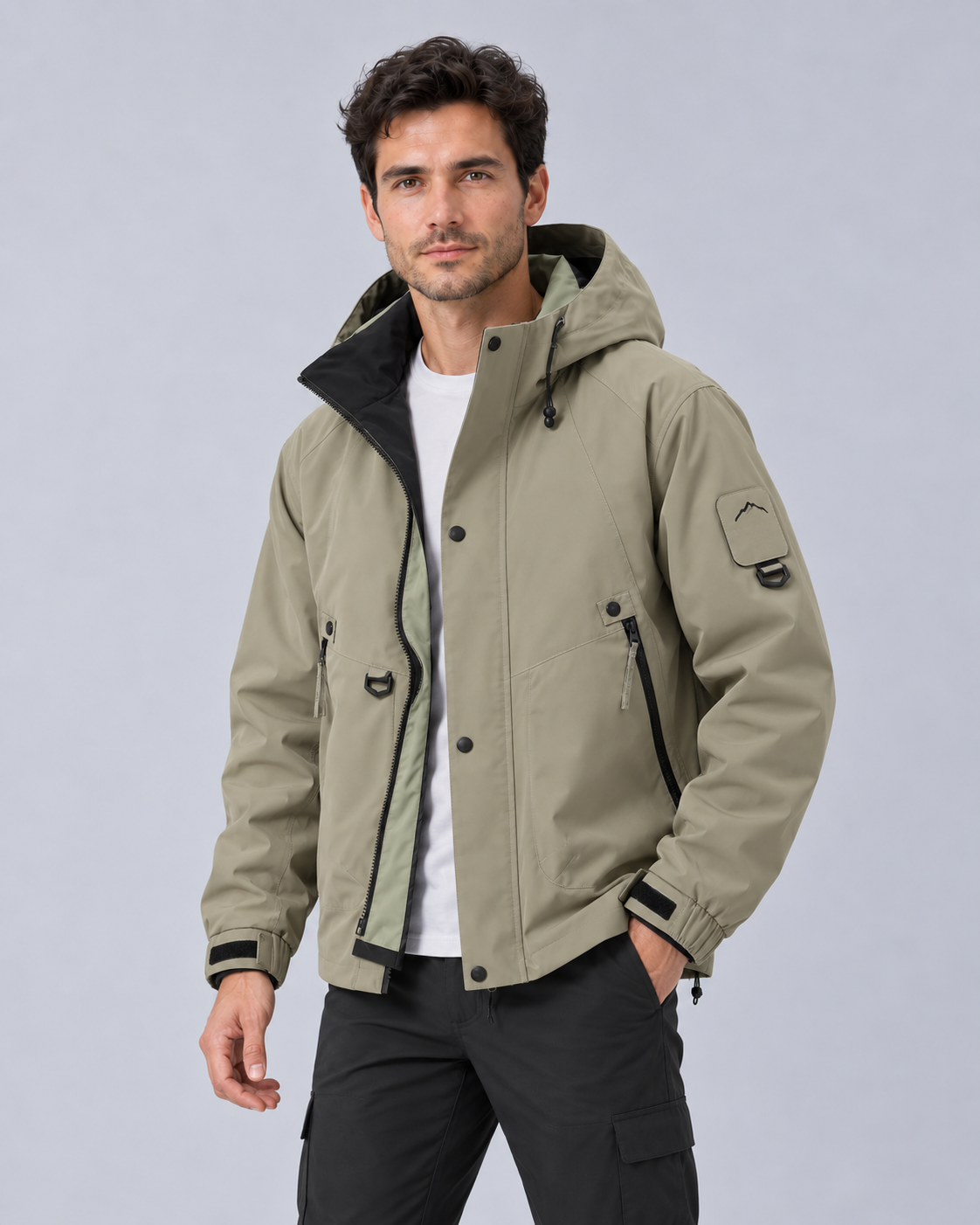 Mens waterproof rain jacket with hood, lightweight windproof