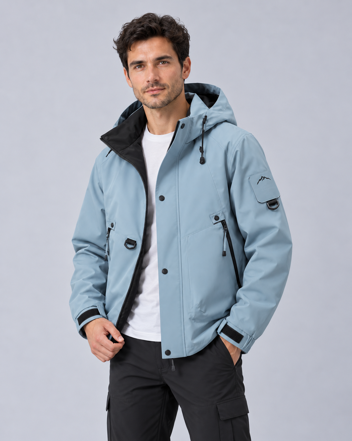 Mens waterproof rain jacket with hood, lightweight windproof