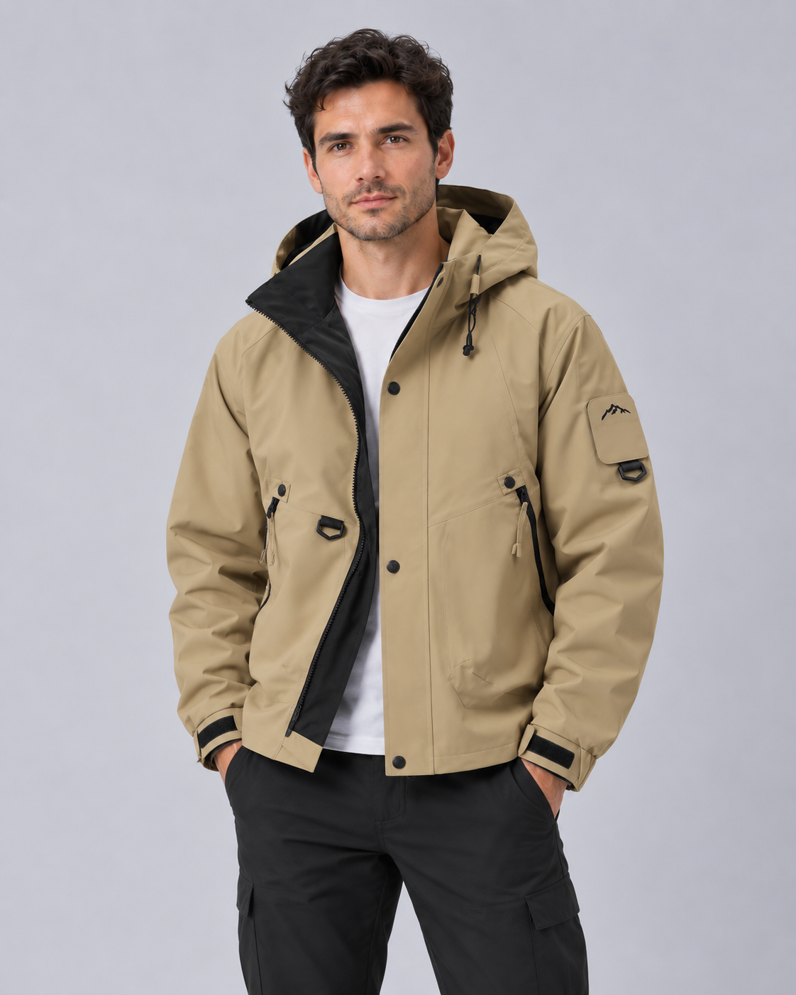 Mens waterproof rain jacket with hood, lightweight windproof