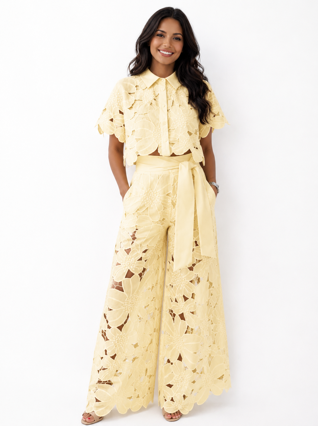 Women's Jumpsuit Set | Floral Print, Wavy Sleeves | Two-Piece