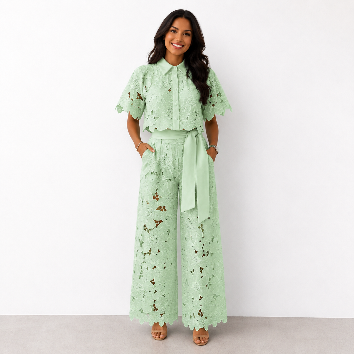 Women's Jumpsuit Set | Floral Print, Wavy Sleeves | Two-Piece