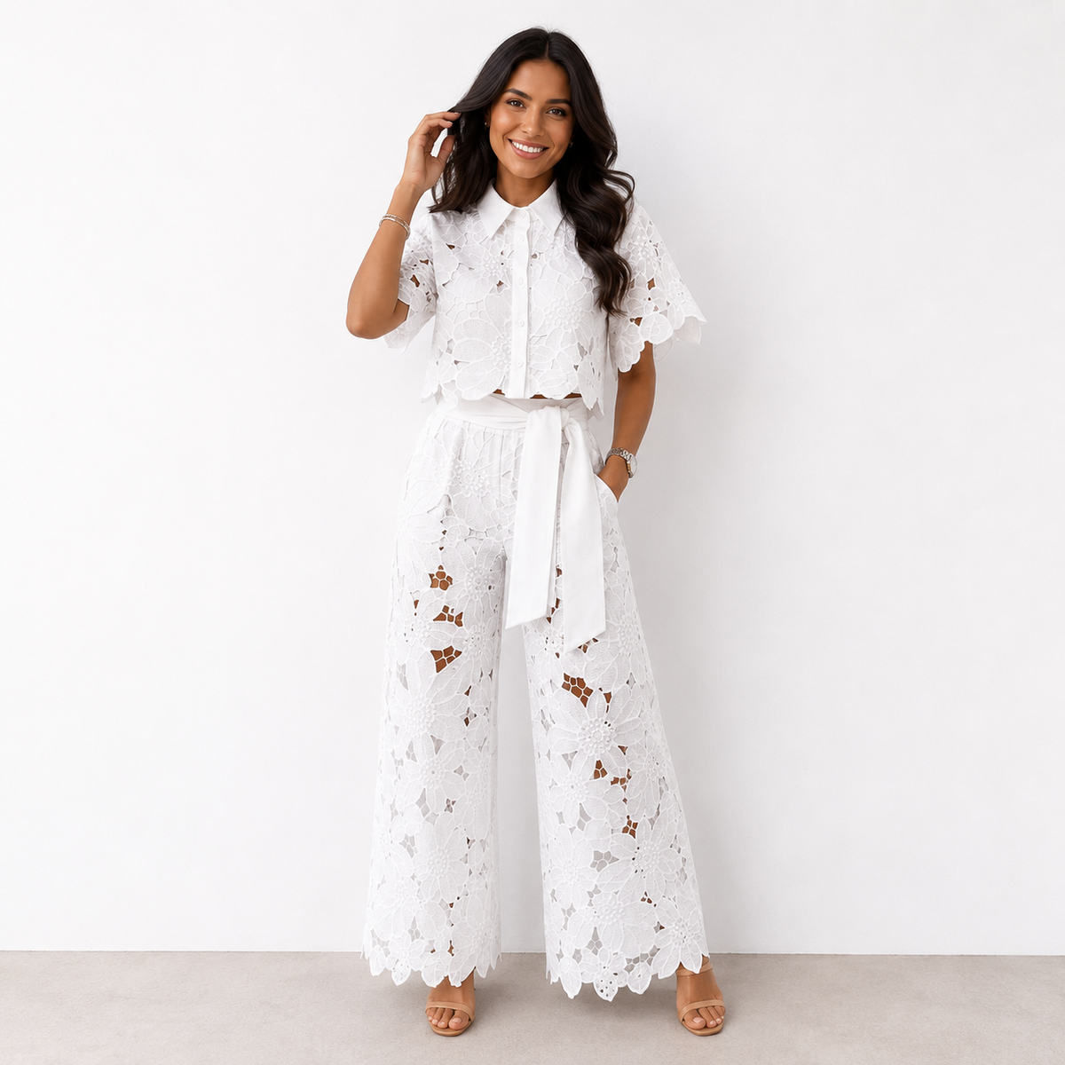 Women's Jumpsuit Set | Floral Print, Wavy Sleeves | Two-Piece