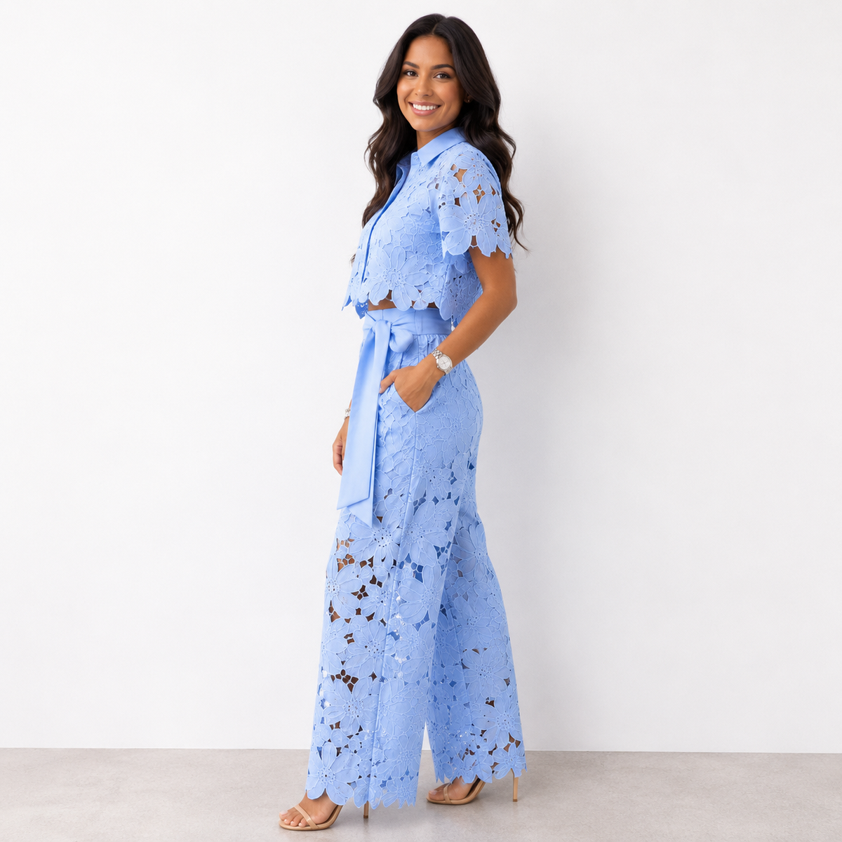 Women's Jumpsuit Set | Floral Print, Wavy Sleeves | Two-Piece