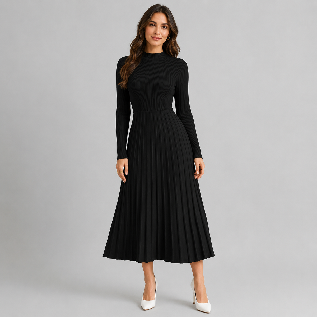 Knit Midi Dress | Women's Bodycon, High Neck | Long Sleeve, Fitted Style