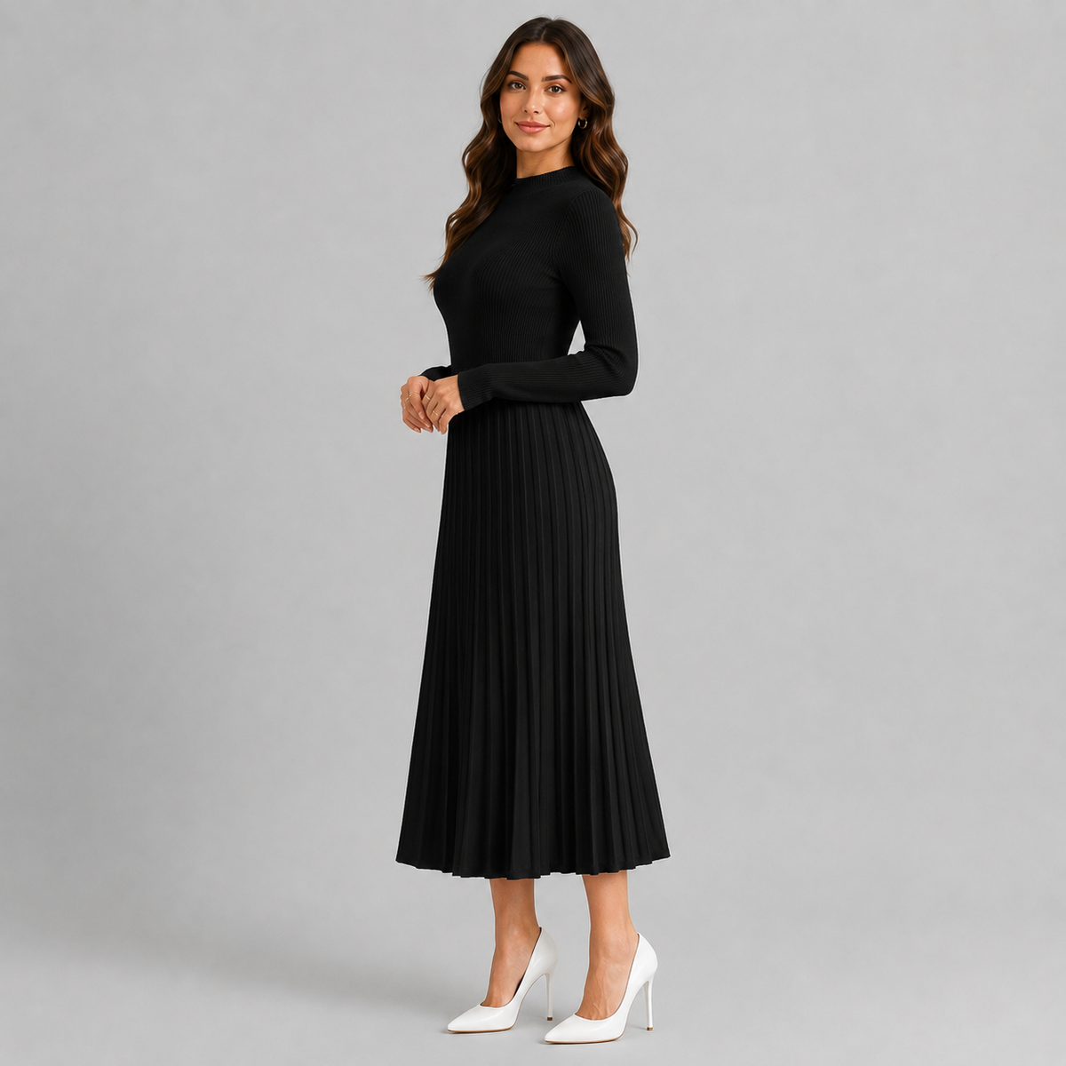 Knit Midi Dress | Women's Bodycon, High Neck | Long Sleeve, Fitted Style