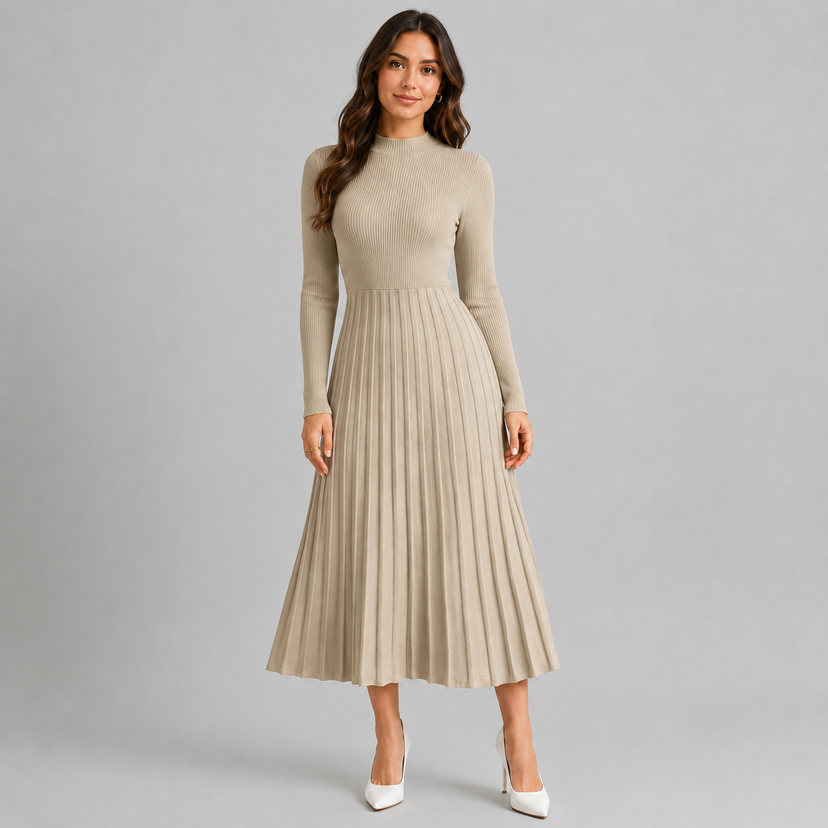 Women knit midi dress high neck long sleeve bodycon in solid colour