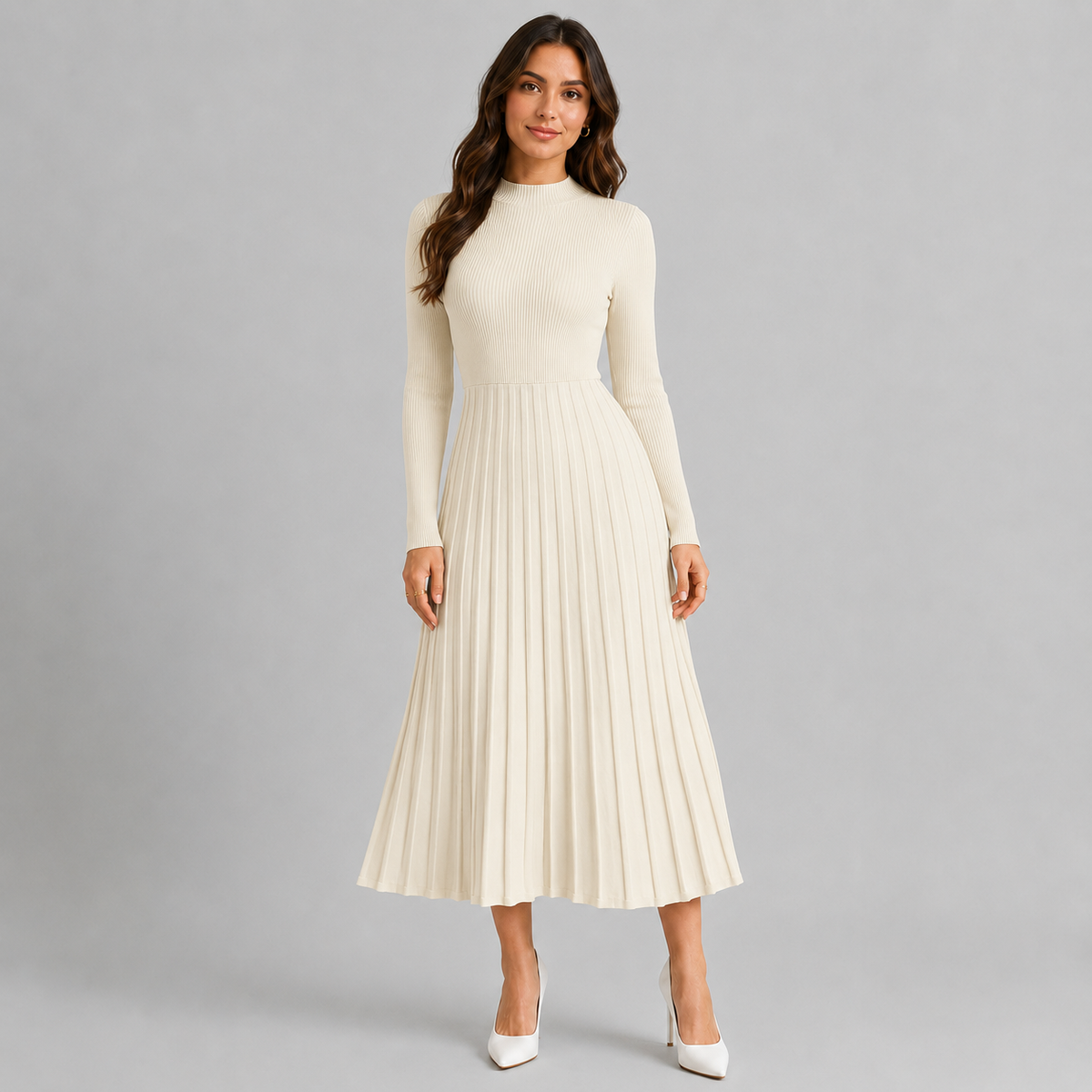 Knit Midi Dress | Women's Bodycon, High Neck | Long Sleeve, Fitted Style