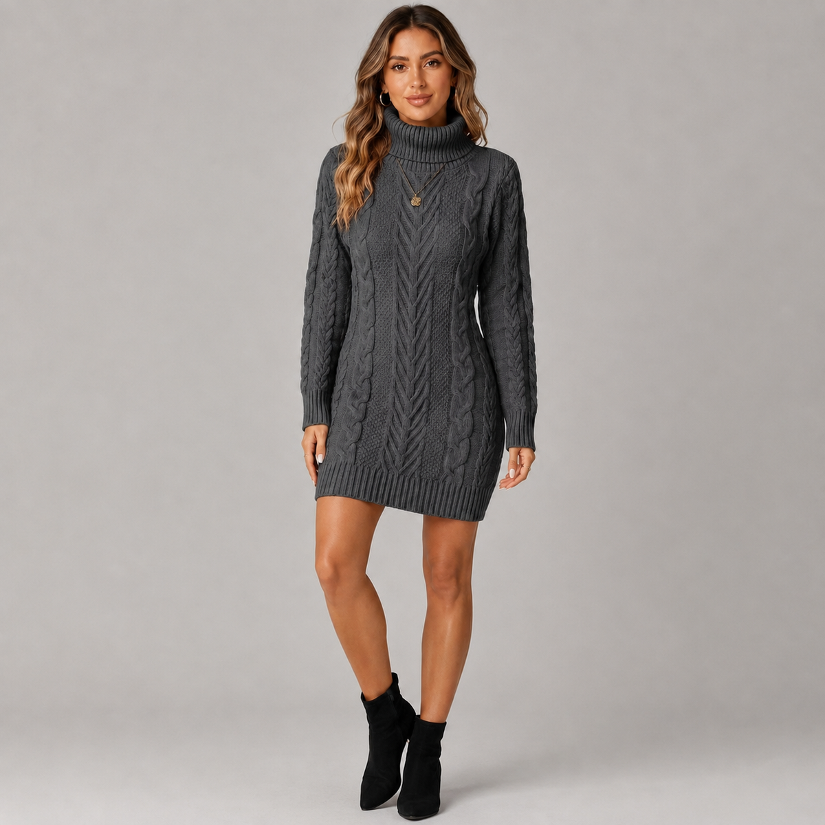 Jumper Dress | Women's Cable Knit, Roll Neck | Long Sleeve, Cozy Style