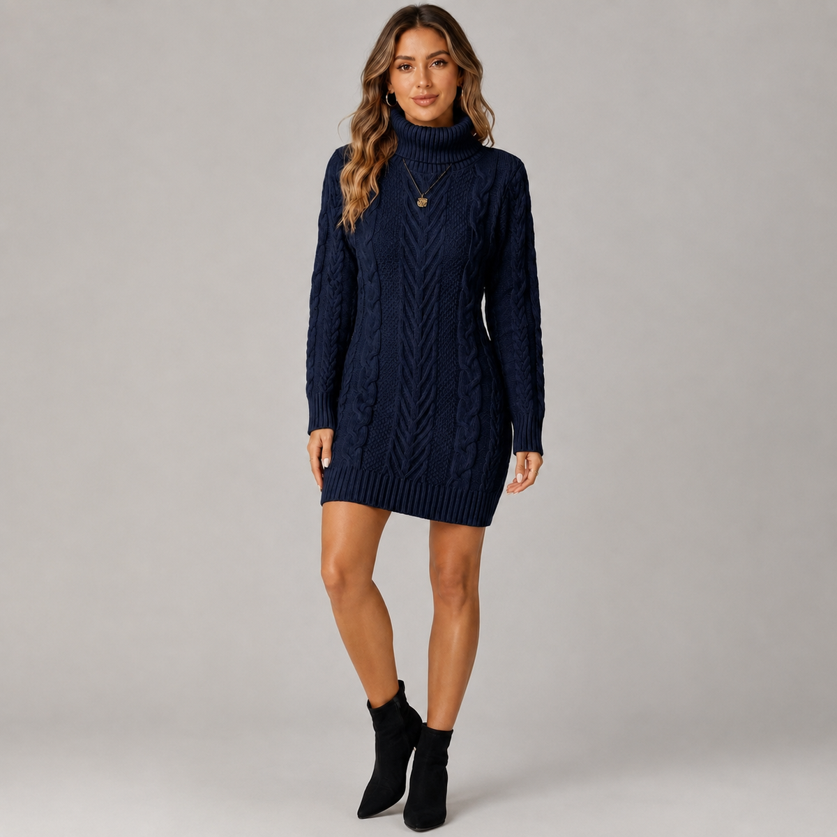 Jumper Dress | Women's Cable Knit, Roll Neck | Long Sleeve, Cozy Style