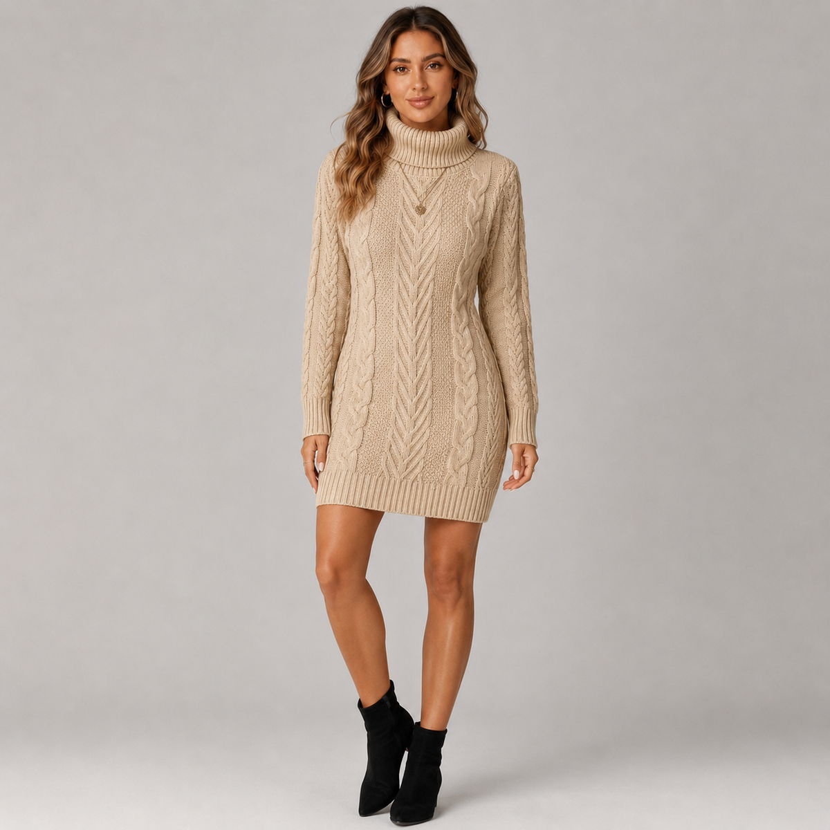 Jumper Dress | Women's Cable Knit, Roll Neck | Long Sleeve, Cozy Style