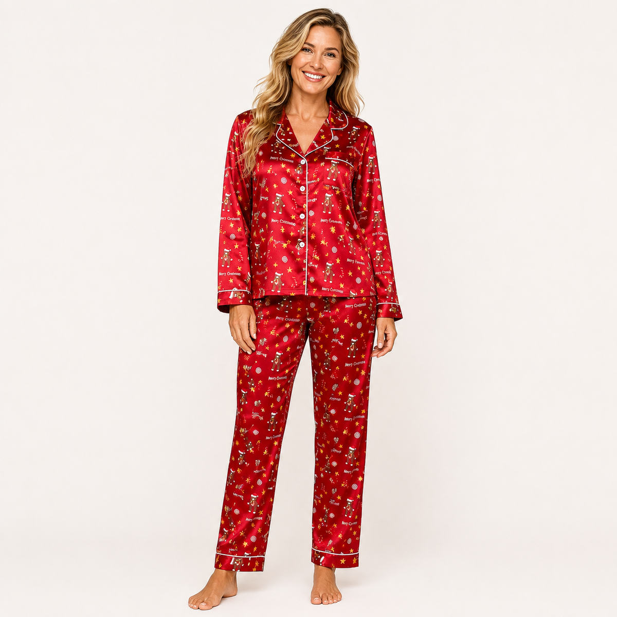 Womens Christmas pyjamas satin set with long sleeve top and full length pants