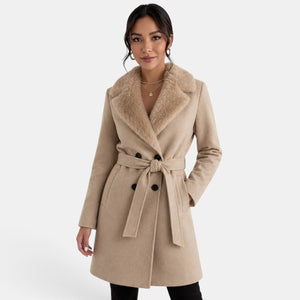 Women's Wool Coat | Beige, Fur Collar, Double Breasted