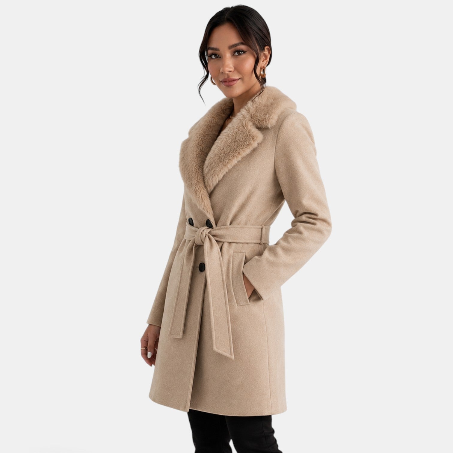 Women's Wool Coat | Beige, Fur Collar, Double Breasted