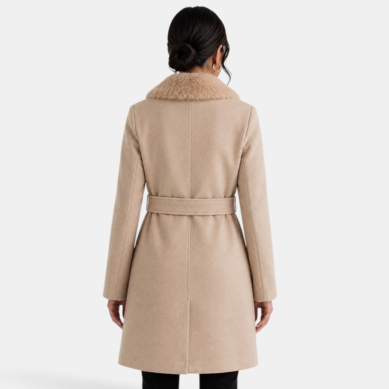 Women's Wool Coat | Beige, Fur Collar, Double Breasted
