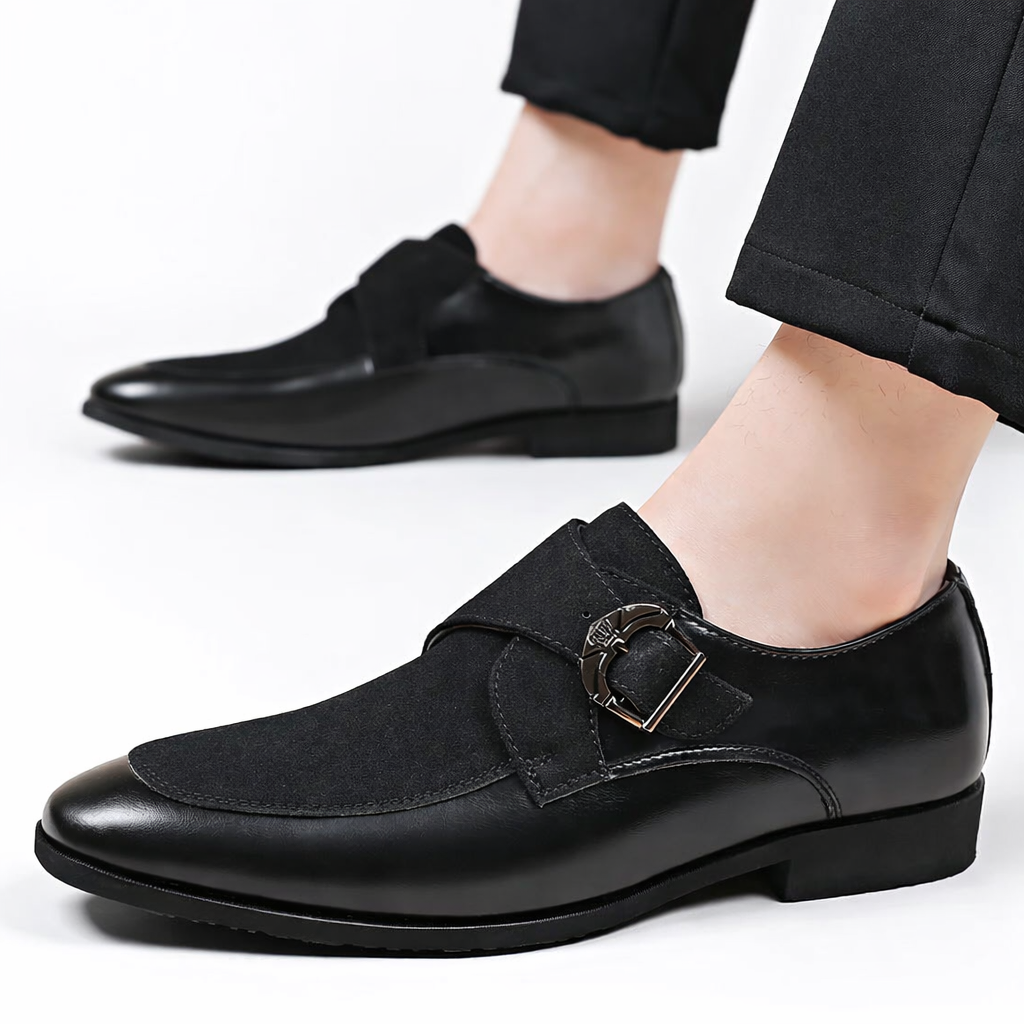 Men suede leather monk strap dress shoes pointed toe two-tone buckle slip-on