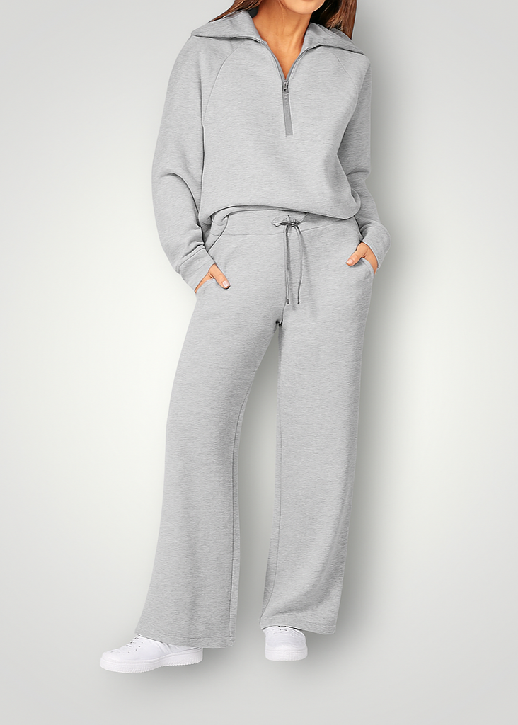 Womens 2 piece zip sweatshirt wide leg set with high waisted trousers and pockets
