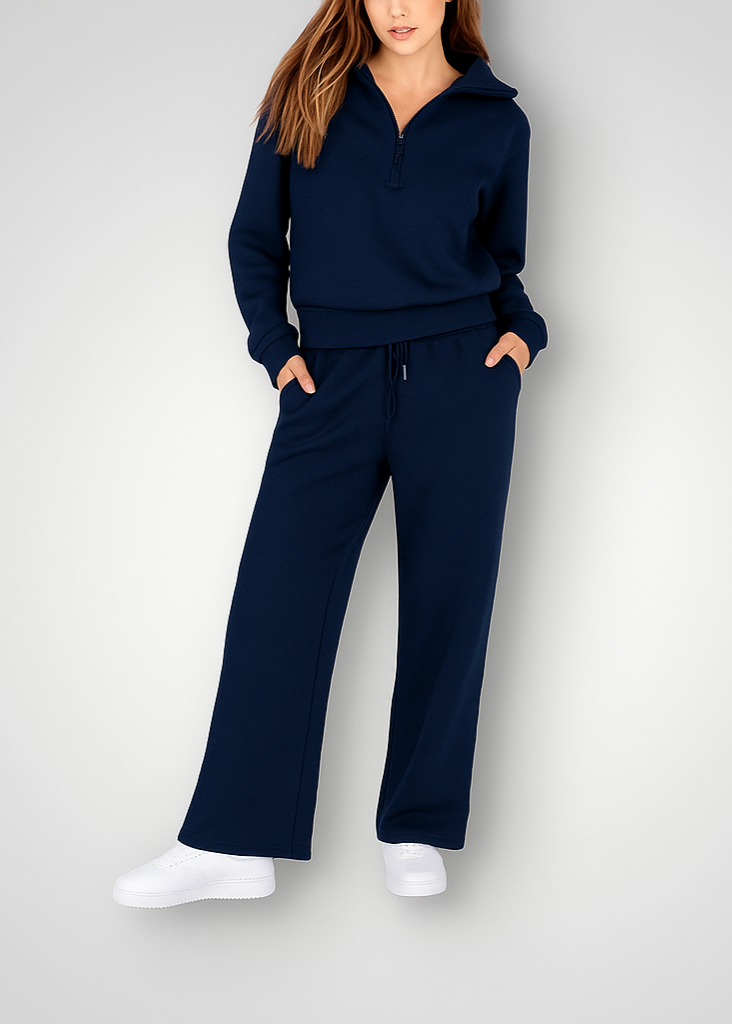 Womens 2 piece zip sweatshirt wide leg set with high waisted trousers and pockets