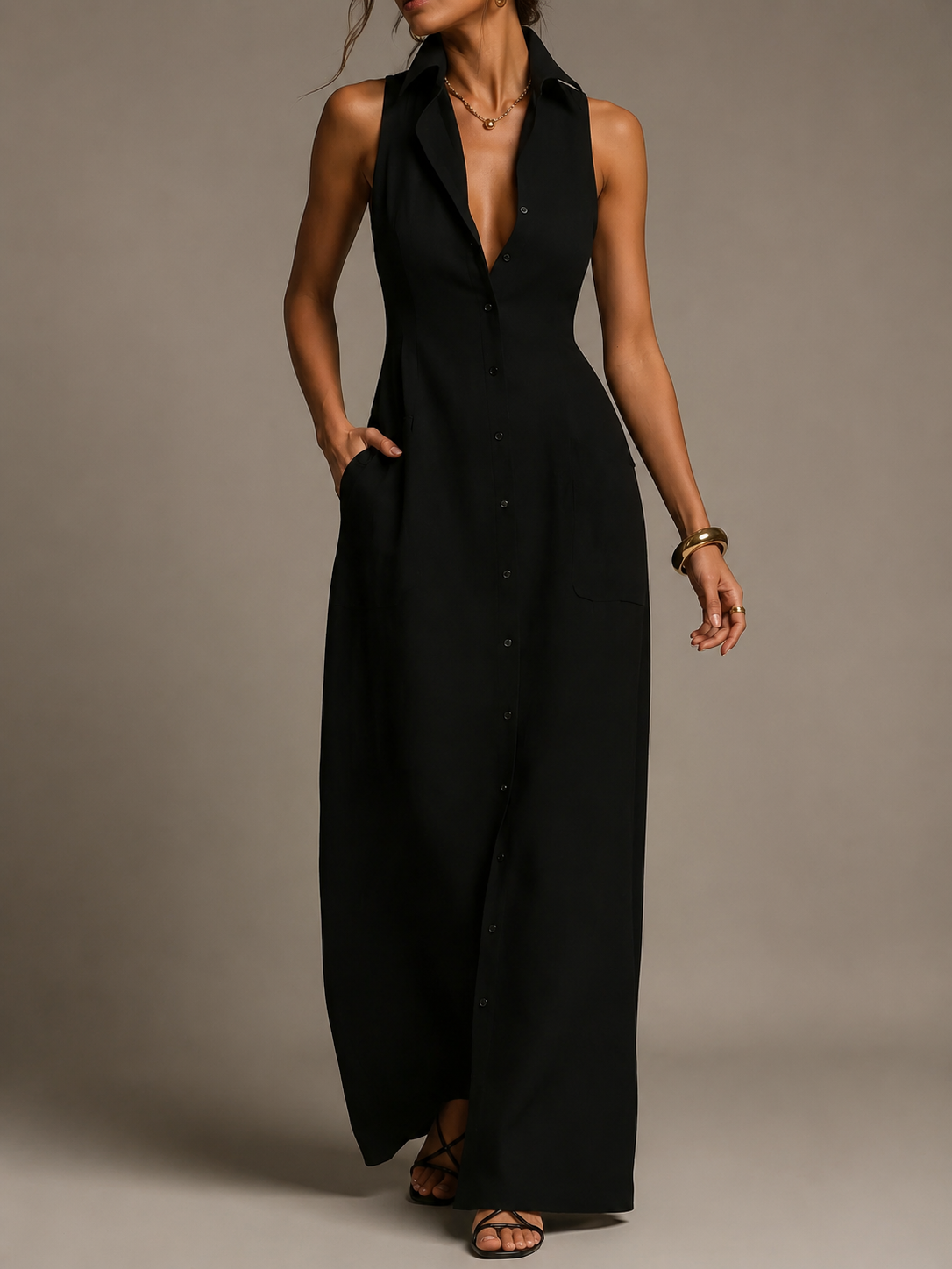 Women's Cotton Maxi Dress | Button Down, Sleeveless, Pockets