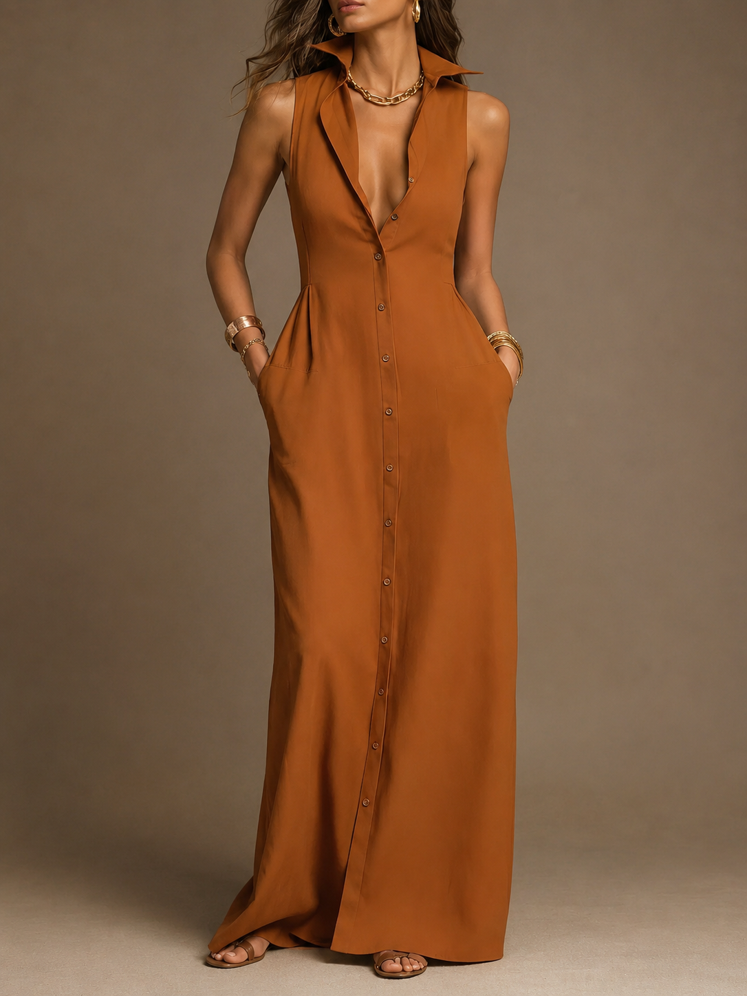 Women's Cotton Maxi Dress | Button Down, Sleeveless, Pockets