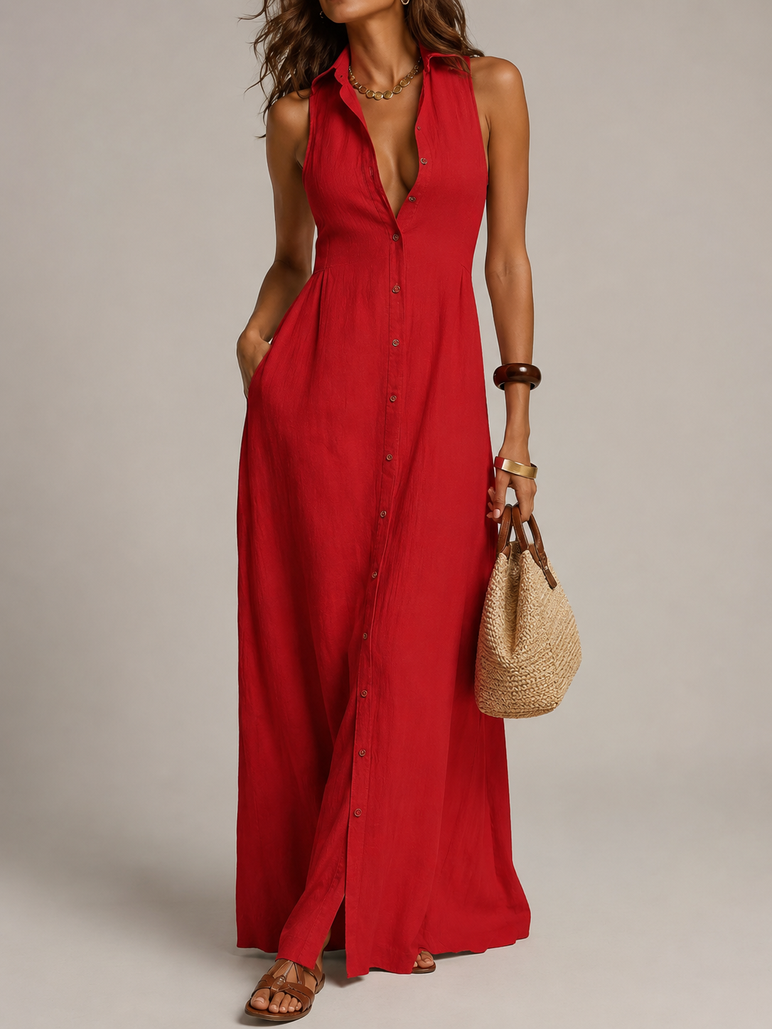 Women's Cotton Maxi Dress | Button Down, Sleeveless, Pockets