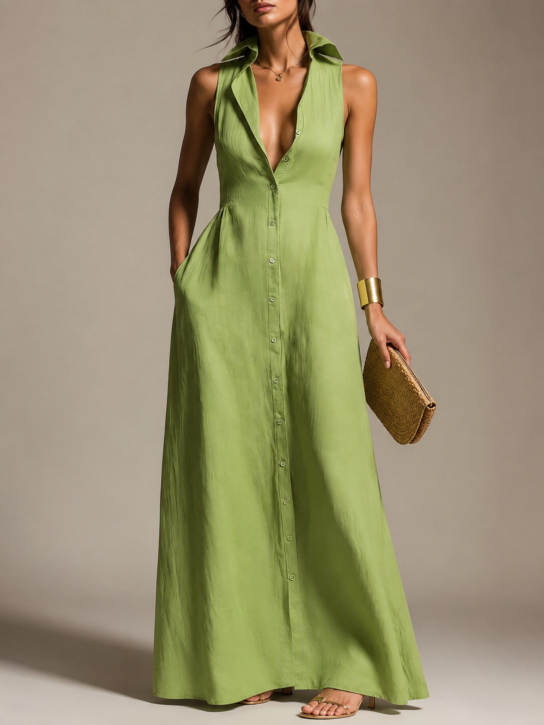 Women's Cotton Maxi Dress | Button Down, Sleeveless, Pockets