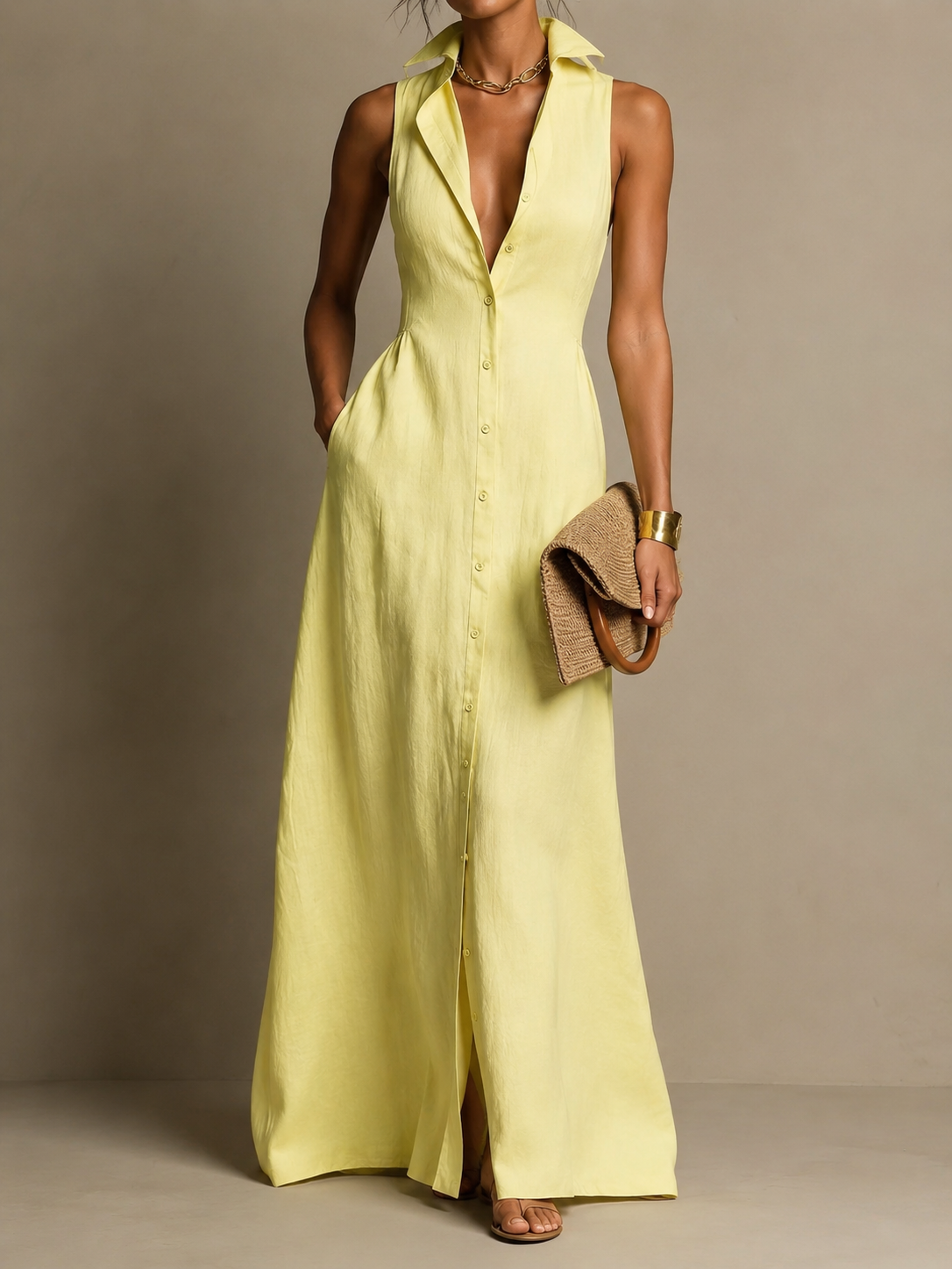 Women's Cotton Maxi Dress | Button Down, Sleeveless, Pockets