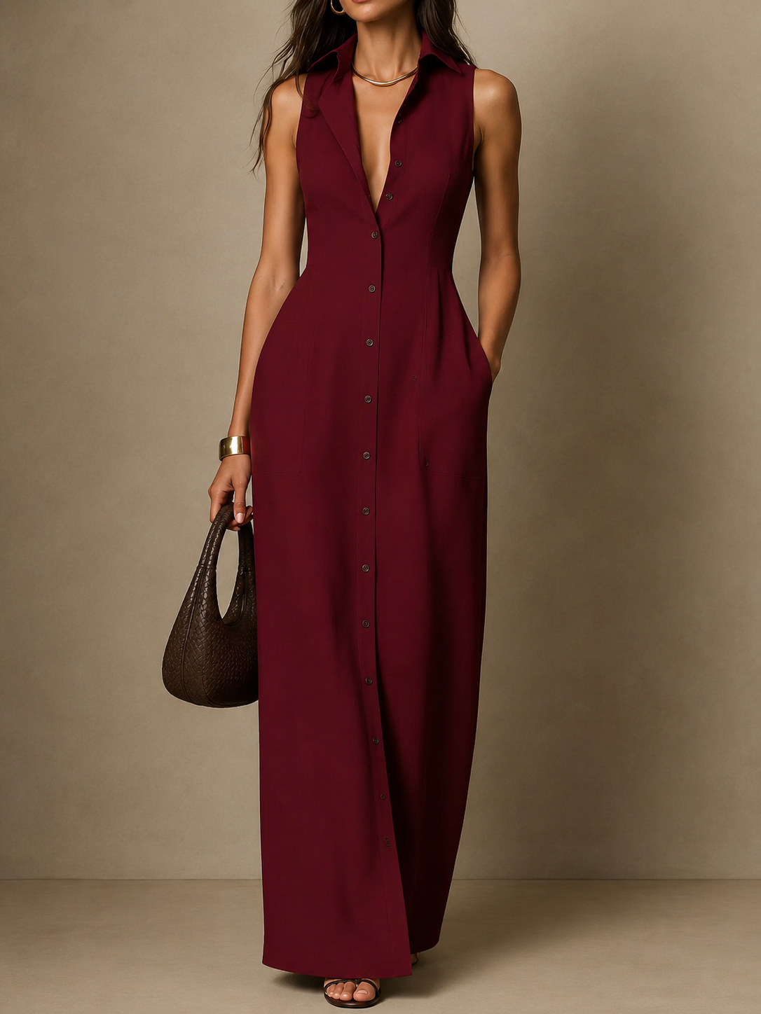 Women's Cotton Maxi Dress | Button Down, Sleeveless, Pockets