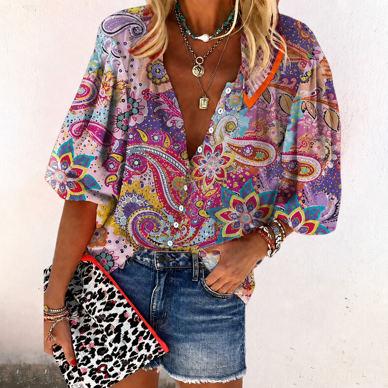 Women's Linen Blouse | Boho Print, V-Neck Long Sleeve