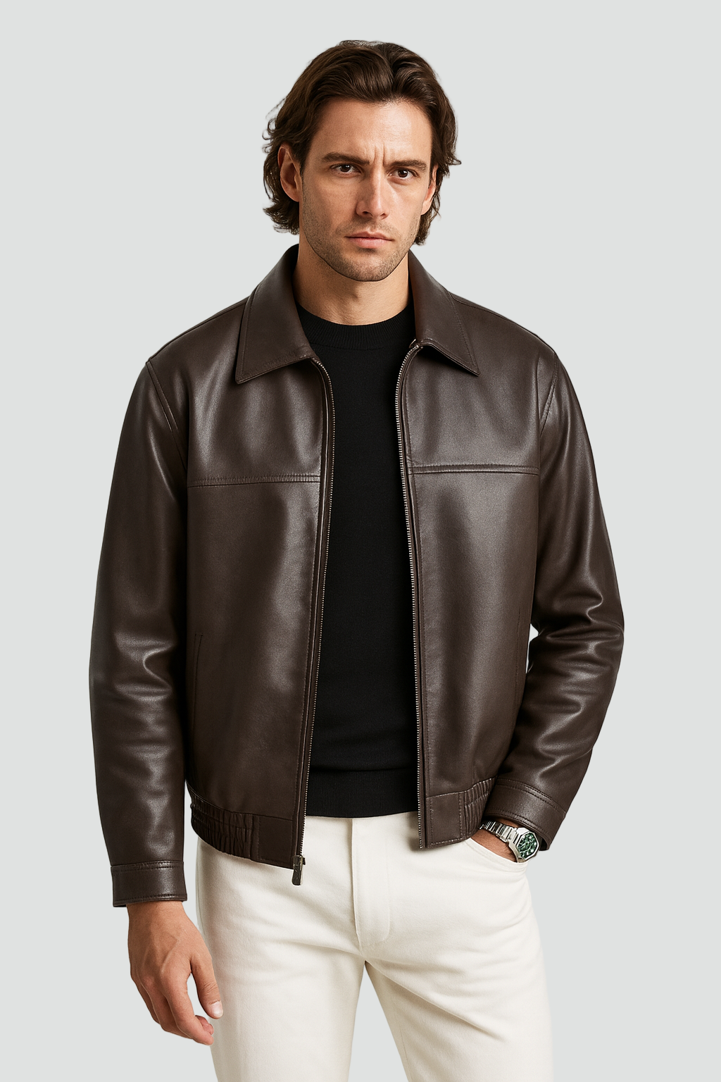 Men slim fit leather jacket stand collar zip closure