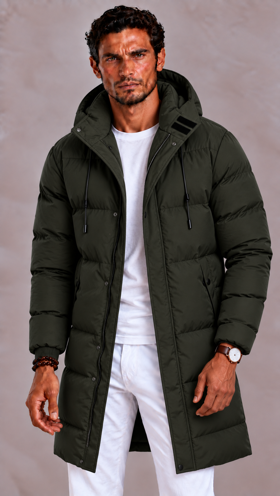 Men long puffer jacket with detachable hood and full zip closure