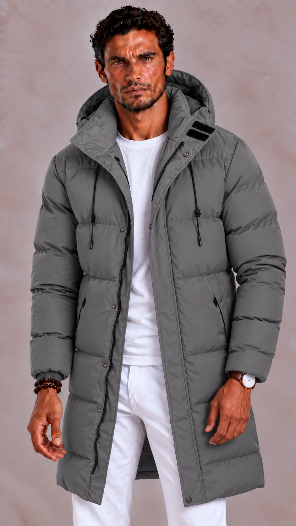 Men long puffer jacket with detachable hood and full zip closure