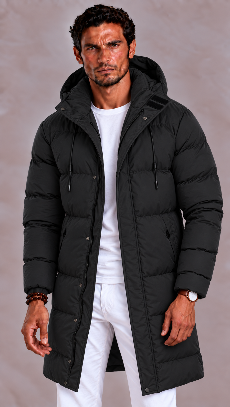 Men long puffer jacket with detachable hood and full zip closure
