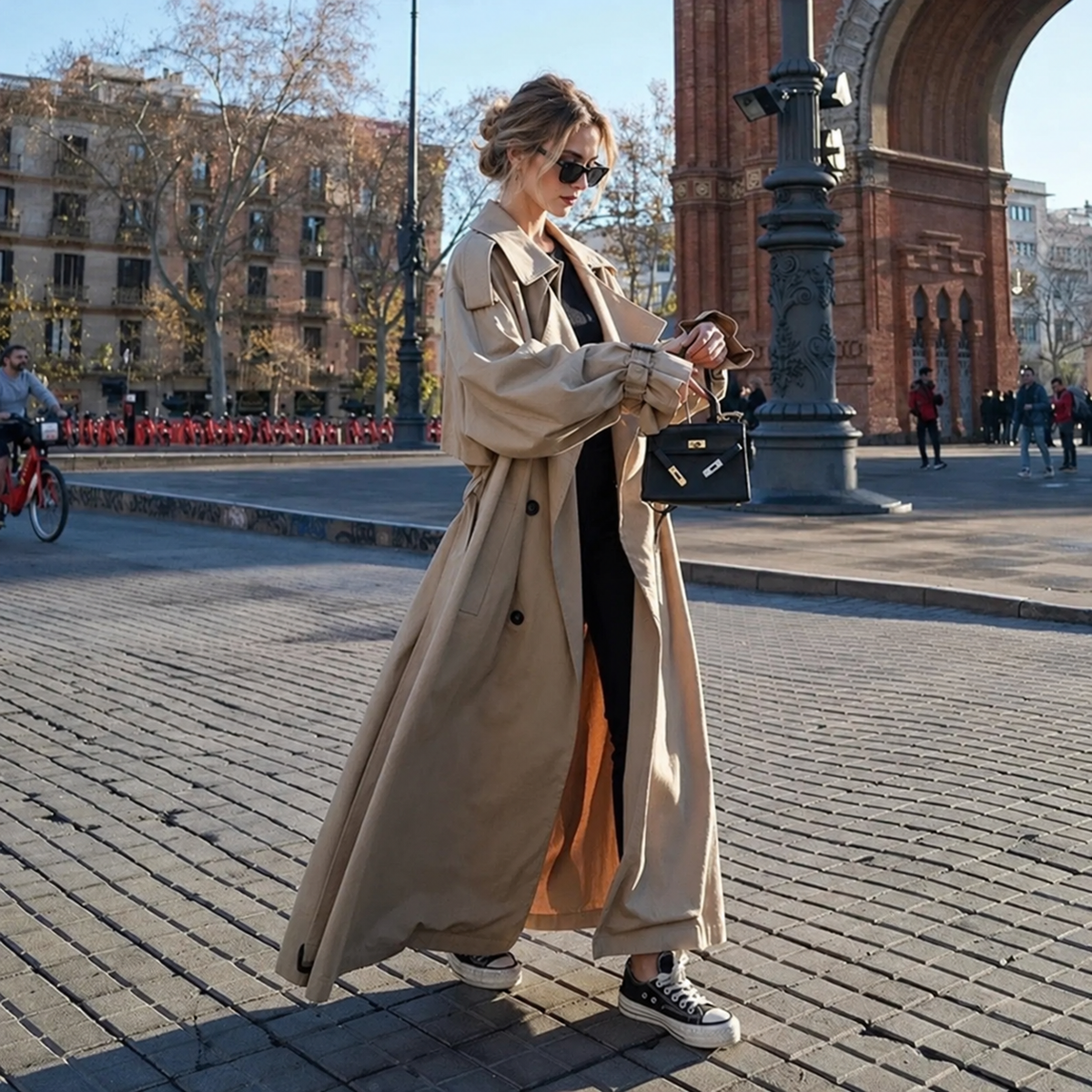 Women double breasted maxi trench coat with waist belt, longline belted coat