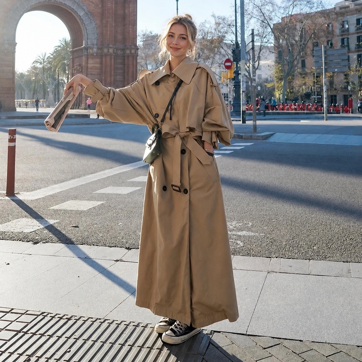 Women double breasted maxi trench coat with waist belt, longline belted coat