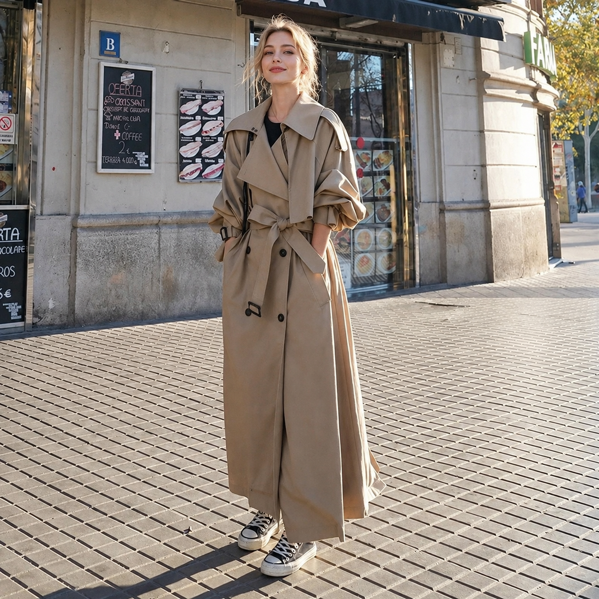 Women double breasted maxi trench coat with waist belt, longline belted coat