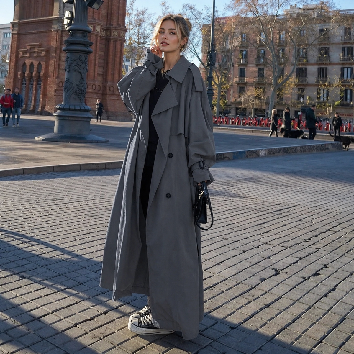 Women double breasted maxi trench coat with waist belt, longline belted coat