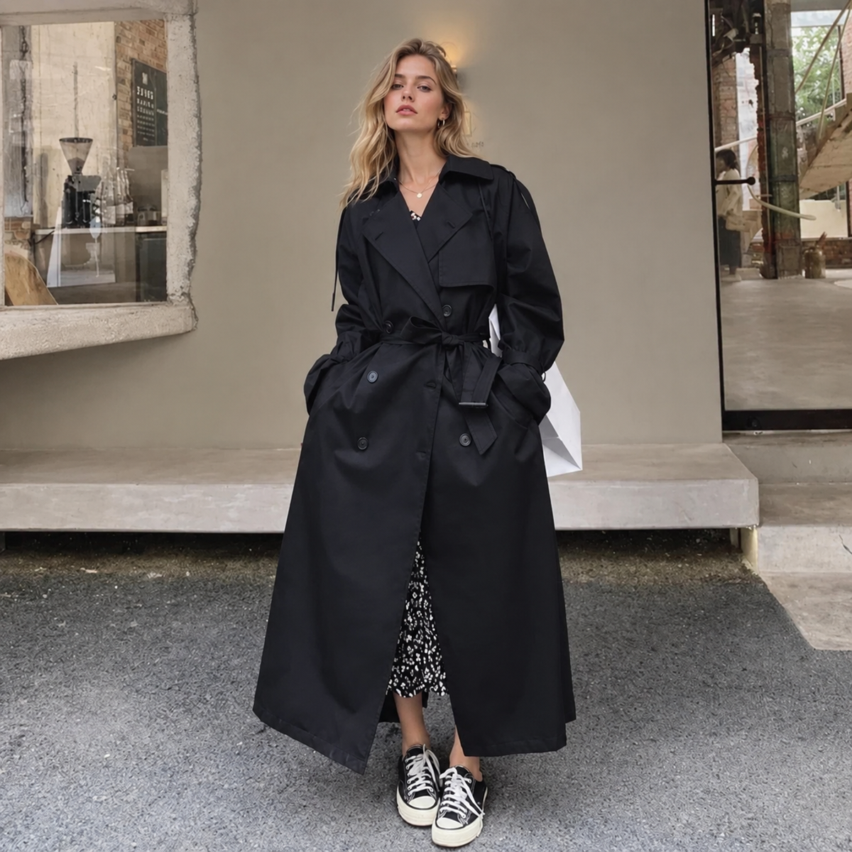 Women double breasted maxi trench coat with waist belt, longline belted coat